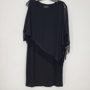 R&M Richards Cold Shoulder Cocktail Dress 12 Fringe Tassels Sheer Cape Black